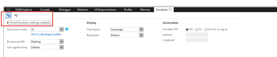 Screenshot of IE Developer Tools Persist Emulation Settings